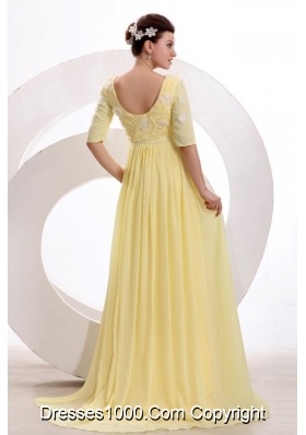 Bateau Neck Half Sleeves Yellow Brush Train JS Prom Dresses