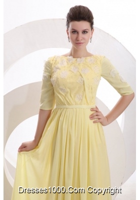 Bateau Neck Half Sleeves Yellow Brush Train JS Prom Dresses