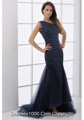 Long Back One Shoulder Rhinestone Tulle Prom Holiday Dress