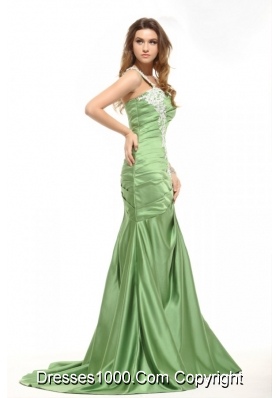 One Shoulder Ruched Mermaid Taffeta Prom Dresses in Green