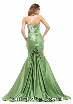 One Shoulder Ruched Mermaid Taffeta Prom Dresses in Green