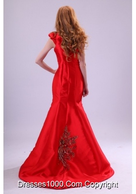 Embroidery Brush Train One Shoulder Red Prom Party Gowns