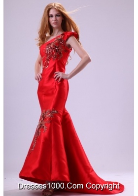 Embroidery Brush Train One Shoulder Red Prom Party Gowns