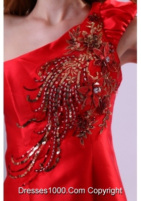 Embroidery Brush Train One Shoulder Red Prom Party Gowns