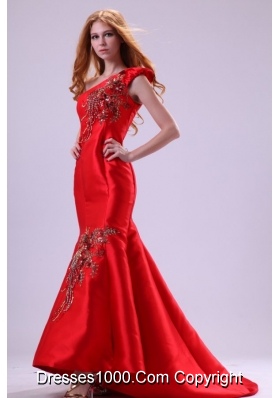 Embroidery Brush Train One Shoulder Red Prom Party Gowns