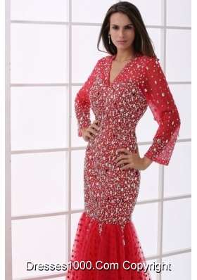 Sleeves V Neck Beaded Mermaid Prom Cocktail Dresses in Red