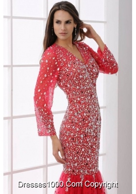 Sleeves V Neck Beaded Mermaid Prom Cocktail Dresses in Red