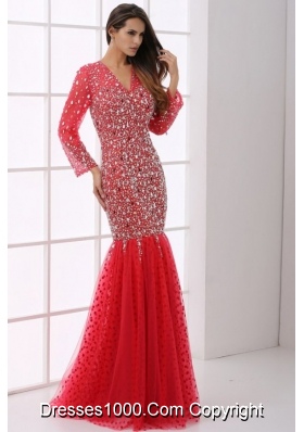 Sleeves V Neck Beaded Mermaid Prom Cocktail Dresses in Red