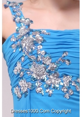 Blue One Shoulder Applique Ruched 2014 Prom Celebrity Dress