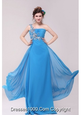 Blue One Shoulder Applique Ruched 2014 Prom Celebrity Dress