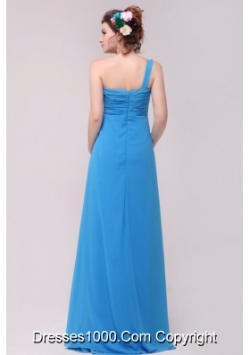 Blue One Shoulder Applique Ruched 2014 Prom Celebrity Dress