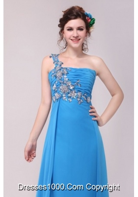 Blue One Shoulder Applique Ruched 2014 Prom Celebrity Dress