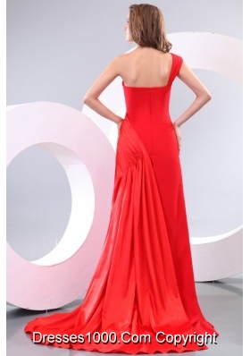 Amazing One Shoulder Sweep Train Red Dress for Prom Night