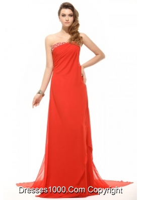 One Shoulder Beading Long Prom Dresses with Watteau Train