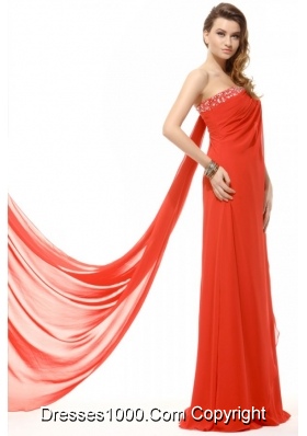 One Shoulder Beading Long Prom Dresses with Watteau Train