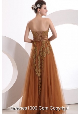 Appliques Strapless Brown Lace Up Back Empire Prom Gowns