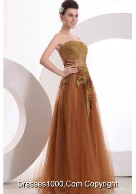 Appliques Strapless Brown Lace Up Back Empire Prom Gowns