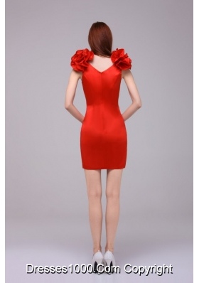 Cute Red Short Sheath V-neck Prom Gown with Handle Flowers