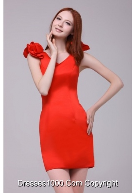 Cute Red Short Sheath V-neck Prom Gown with Handle Flowers