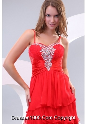 High Low Straps Rhinestone Layers Red Prom Nightclub Dress