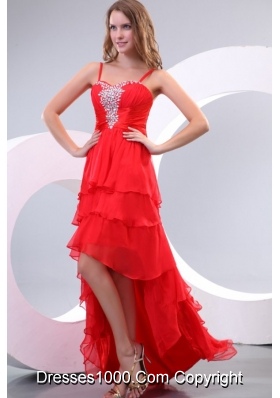 High Low Straps Rhinestone Layers Red Prom Nightclub Dress