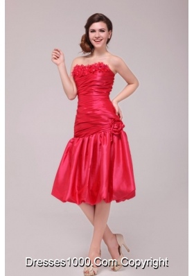 Flowers Strapless Ruched Red Taffeta Dresses for Prom Night