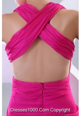 Criss Crossed Back V Neck Fuchsia Long Prom Celebrity Dress