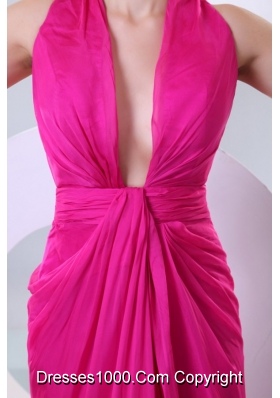 Criss Crossed Back V Neck Fuchsia Long Prom Celebrity Dress