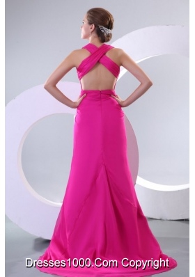 Criss Crossed Back V Neck Fuchsia Long Prom Celebrity Dress