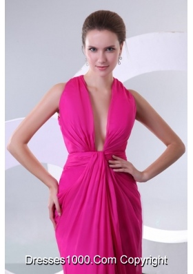 Criss Crossed Back V Neck Fuchsia Long Prom Celebrity Dress