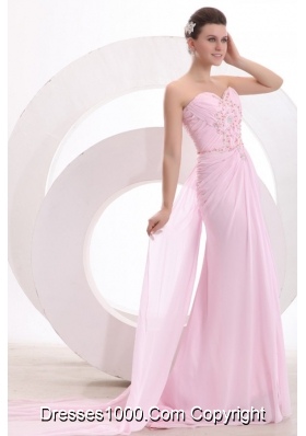 Chapel Train Sweetheart Applique Baby Pink Prom Party Dress