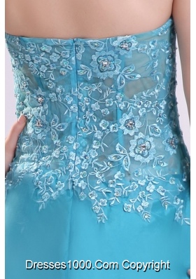 Embroidery Teal Taffeta Brush Train Prom Dress with High Slit