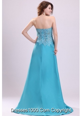 Embroidery Teal Taffeta Brush Train Prom Dress with High Slit