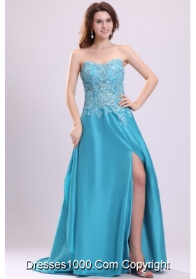 Embroidery Teal Taffeta Brush Train Prom Dress with High Slit