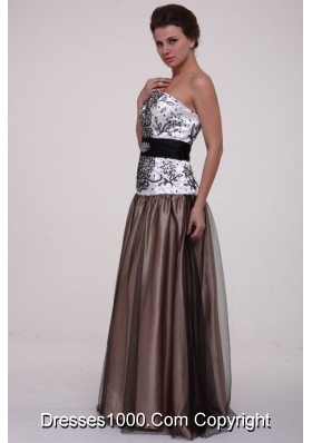 Black Sash Printed White and Brown Top Prom Evening Dress