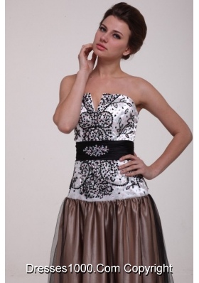 Black Sash Printed White and Brown Top Prom Evening Dress