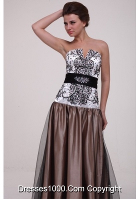 Black Sash Printed White and Brown Top Prom Evening Dress