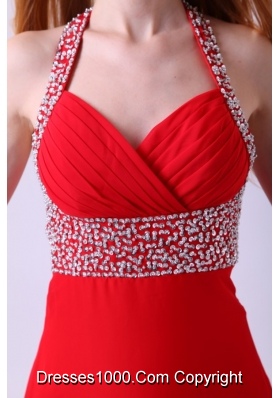 Paillettes Halter Top Column Red Chiffon Prom Graduation Dress