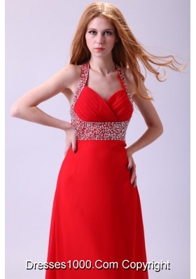 Paillettes Halter Top Column Red Chiffon Prom Graduation Dress