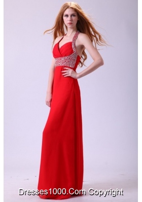 Paillettes Halter Top Column Red Chiffon Prom Graduation Dress