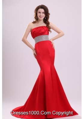 Mermaid Strapless Red Brust Train Prom Dress with Beaded Waist