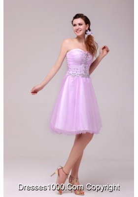 Knee-length A-line Lilac Tulle Prom Dama Dresses with Beading