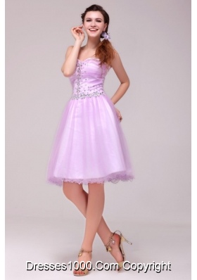 Knee-length A-line Lilac Tulle Prom Dama Dresses with Beading