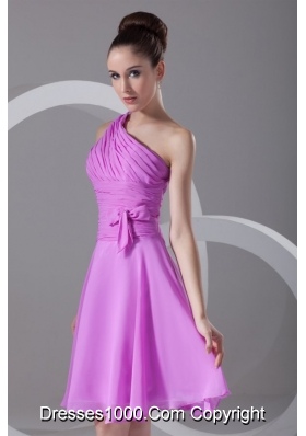 Single Shoulder Knee-length Ruching Chiffon Prom Dresses in Lilac