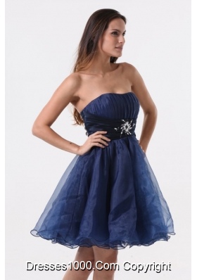 Knee-length Beading and Ruching Navy Blue Prom Cocktail Dress