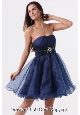 Knee-length Beading and Ruching Navy Blue Prom Cocktail Dress