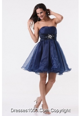 Knee-length Beading and Ruching Navy Blue Prom Cocktail Dress