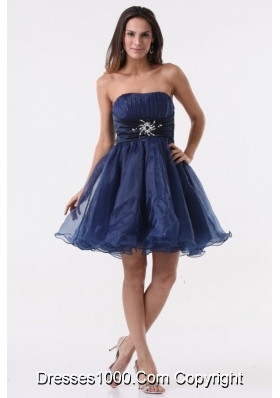 Knee-length Beading and Ruching Navy Blue Prom Cocktail Dress