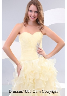 A-line Sweetheart Organza Yellow Prom Dress with Beading and Ruffles