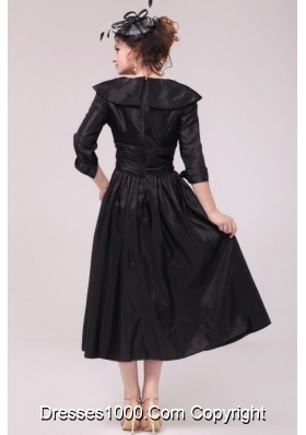 V-neck Half Sleeves Tea-length Taffeta Dresses for Prom in Black